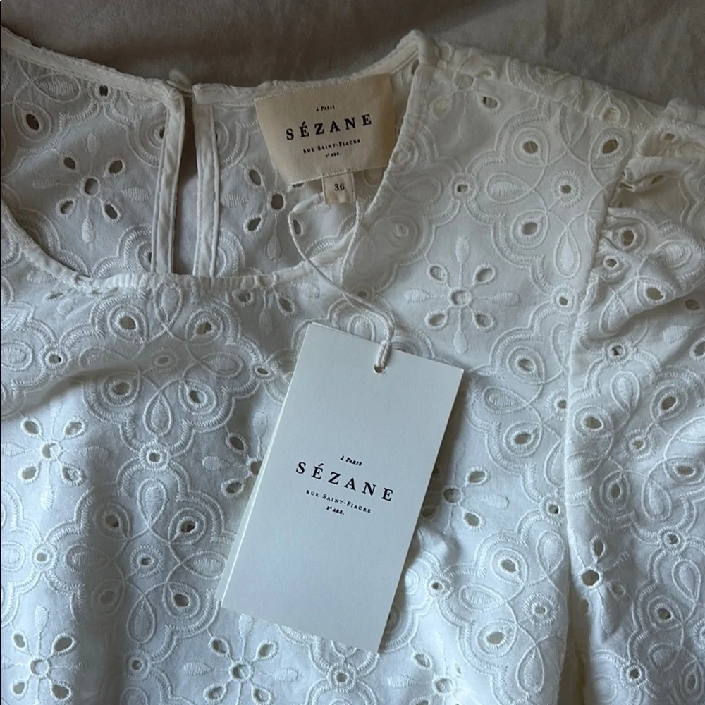 Sezane Annabelle Blouse | White Ruffled Scalloped Blouse Eyelet - Picture 3 of 10